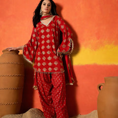 Stylum Women's Red Gold Printed Rayon A-Line Kurti Farshi Salwar With Dupatta (KSDREDWEDANI)