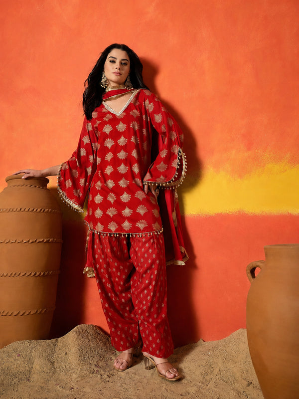Stylum Women's Red Gold Printed Rayon A-Line Kurti Farshi Salwar With Dupatta (KSDREDWEDANI)