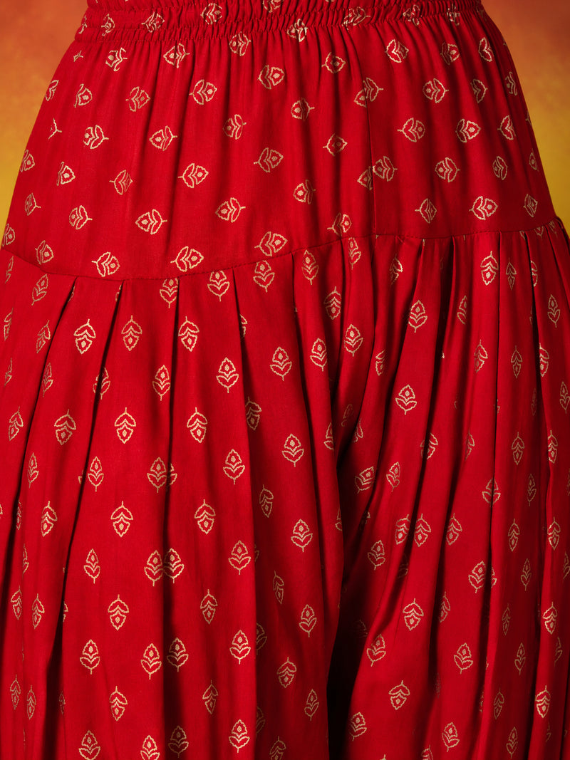 Stylum Women's Red Gold Printed Rayon A-Line Kurti Farshi Salwar With Dupatta (KSDREDWEDANI)