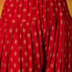Stylum Women's Red Gold Printed Rayon A-Line Kurti Farshi Salwar With Dupatta (KSDREDWEDANI)