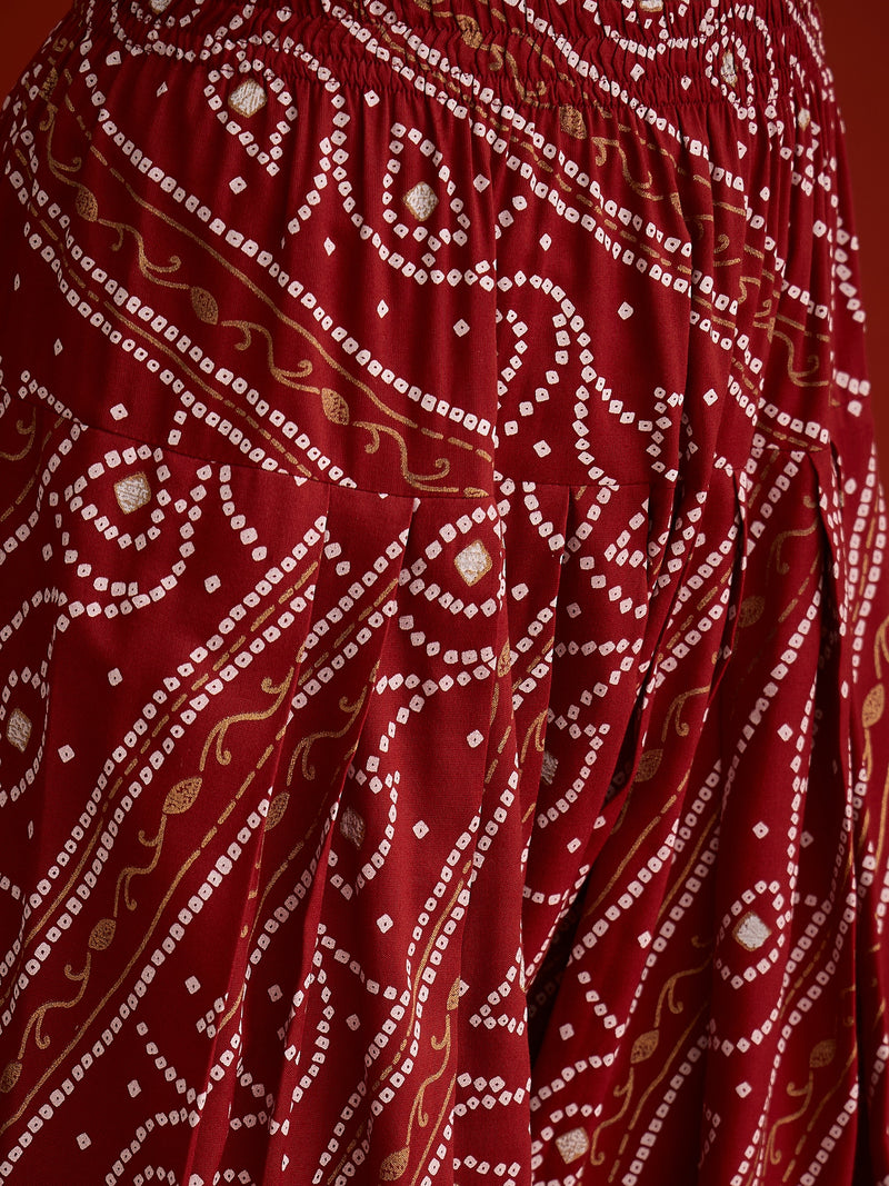 Stylum Women's Rust Bandhej Printed Rayon Straight Short Kurti Farshi Salwar Dupatta Set (KSDRUSTGLANCE)