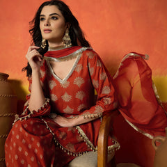 Stylum Women's Rust Gold Printed Rayon A-Line Kurti Farshi Salwar With Dupatta Set (KSDRUSTWEDANI)