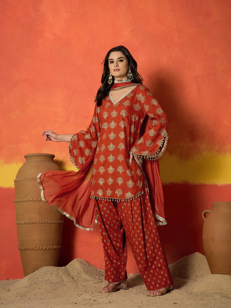 Stylum Women's Rust Gold Printed Rayon A-Line Kurti Farshi Salwar With Dupatta Set (KSDRUSTWEDANI)