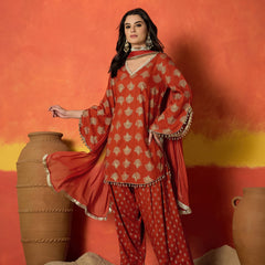 Stylum Women's Rust Gold Printed Rayon A-Line Kurti Farshi Salwar With Dupatta Set (KSDRUSTWEDANI)
