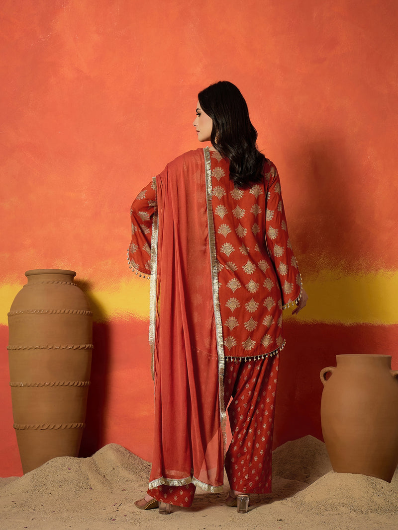 Stylum Women's Rust Gold Printed Rayon A-Line Kurti Farshi Salwar With Dupatta Set (KSDRUSTWEDANI)