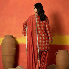 Stylum Women's Rust Gold Printed Rayon A-Line Kurti Farshi Salwar With Dupatta Set (KSDRUSTWEDANI)