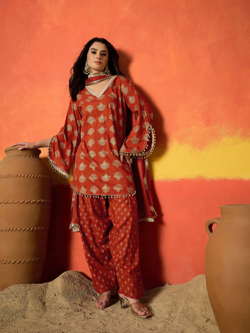 Stylum Women's Rust Gold Printed Rayon A-Line Kurti Farshi Salwar With Dupatta Set (KSDRUSTWEDANI)
