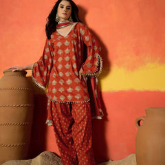 Stylum Women's Rust Gold Printed Rayon A-Line Kurti Farshi Salwar With Dupatta Set (KSDRUSTWEDANI)