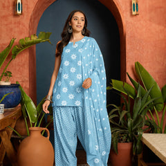 Stylum Women's Sky Floral Printed Pure Cotton Straight Kurti Farshi Salwar With Dupatta (KSDSKYMAGPIE)