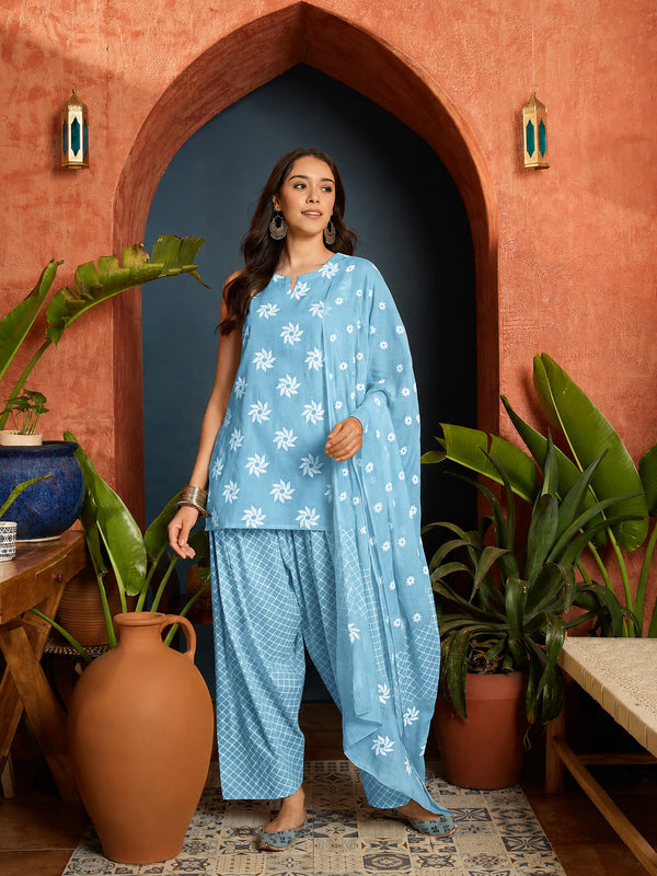 Stylum Women's Sky Floral Printed Pure Cotton Straight Kurti Farshi Salwar With Dupatta (KSDSKYMAGPIE)