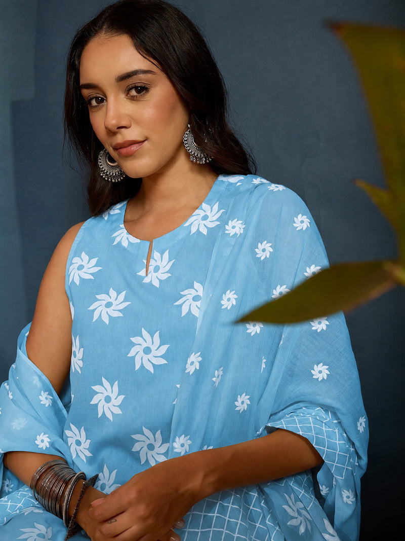 Stylum Women's Sky Floral Printed Pure Cotton Straight Kurti Farshi Salwar With Dupatta (KSDSKYMAGPIE)