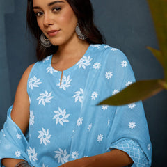 Stylum Women's Sky Floral Printed Pure Cotton Straight Kurti Farshi Salwar With Dupatta (KSDSKYMAGPIE)