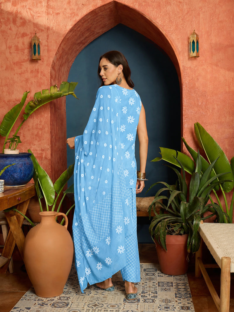 Stylum Women's Sky Floral Printed Pure Cotton Straight Kurti Farshi Salwar With Dupatta (KSDSKYMAGPIE)