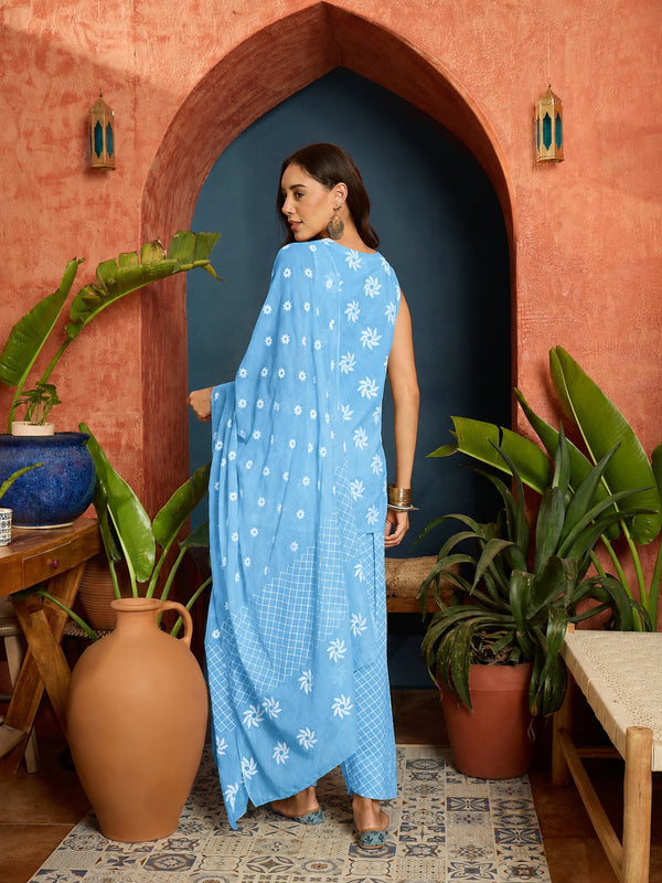 Stylum Women's Sky Floral Printed Pure Cotton Straight Kurti Farshi Salwar With Dupatta (KSDSKYMAGPIE)