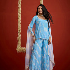 Stylum Women's Sky Bandhej Printed Crepe Straight Short Kurti Palazzo Dupatta Set (KSDSKYMERAKI)