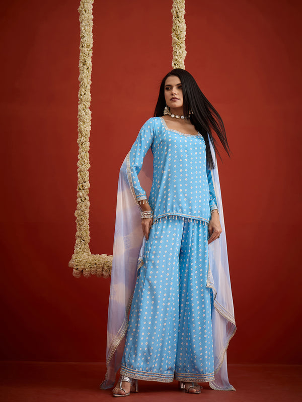 Stylum Women's Sky Bandhej Printed Crepe Straight Short Kurti Palazzo Dupatta Set (KSDSKYMERAKI)