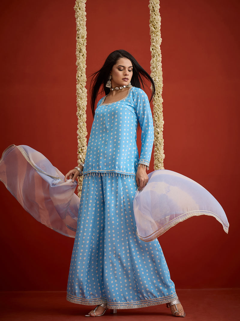Stylum Women's Sky Bandhej Printed Crepe Straight Short Kurti Palazzo Dupatta Set (KSDSKYMERAKI)