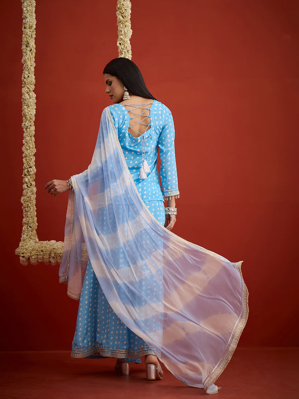 Stylum Women's Sky Bandhej Printed Crepe Straight Short Kurti Palazzo Dupatta Set (KSDSKYMERAKI)