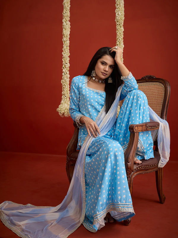 Stylum Women's Sky Bandhej Printed Crepe Straight Short Kurti Palazzo Dupatta Set (KSDSKYMERAKI)