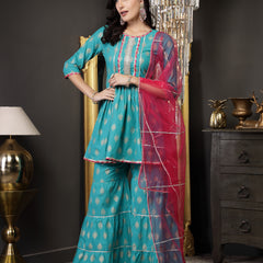 Stylum Women's Gold Printed Rayon A-Line Kurta Sharara Dupatta Set (KSDTURQBISTRO)