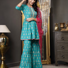 Stylum Women's Gold Printed Rayon A-Line Kurta Sharara Dupatta Set (KSDTURQBISTRO)