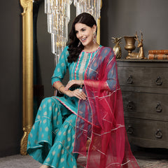 Stylum Women's Gold Printed Rayon A-Line Kurta Sharara Dupatta Set (KSDTURQBISTRO)