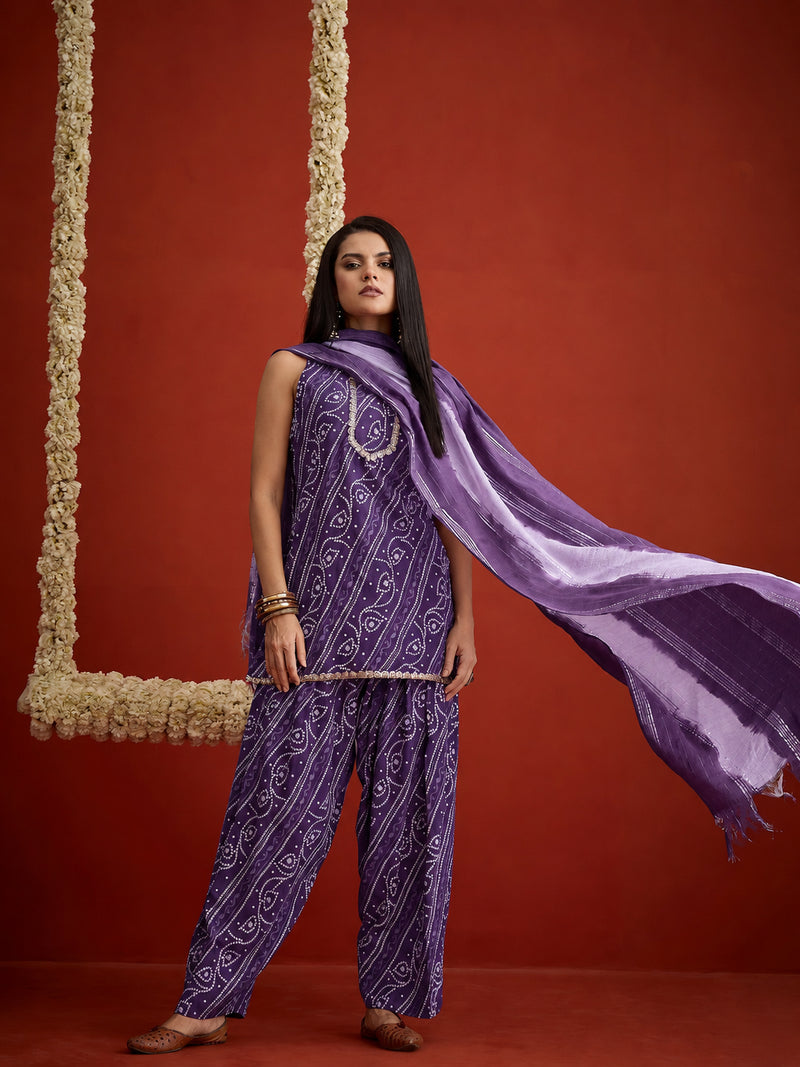 Stylum Women's Violet Bandhej Printed Rayon Straight Short Kurti Farshi Salwar Dupatta Set (KSDVOILGLANCE)