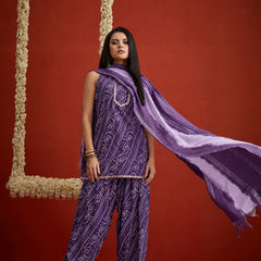 Stylum Women's Violet Bandhej Printed Rayon Straight Short Kurti Farshi Salwar Dupatta Set (KSDVOILGLANCE)