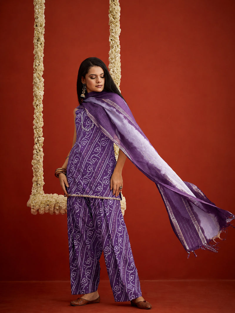 Stylum Women's Violet Bandhej Printed Rayon Straight Short Kurti Farshi Salwar Dupatta Set (KSDVOILGLANCE)