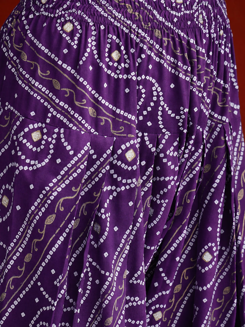 Stylum Women's Violet Bandhej Printed Rayon Straight Short Kurti Farshi Salwar Dupatta Set (KSDVOILGLANCE)