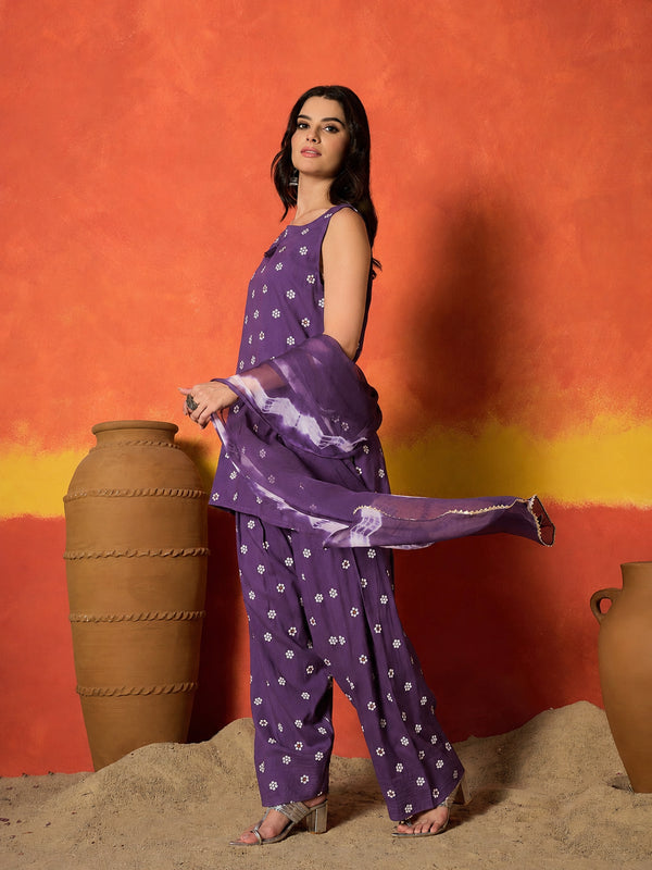 Stylum Women's Violet Floral Printed Rayon Straight Kurti Farshi Salwar Dupatta Set (KSDVOILKANGNA)