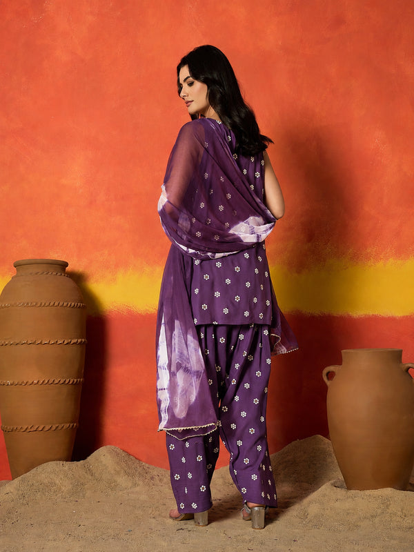 Stylum Women's Violet Floral Printed Rayon Straight Kurti Farshi Salwar Dupatta Set (KSDVOILKANGNA)