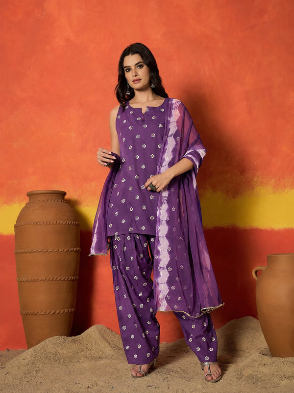 Stylum Women's Violet Floral Printed Rayon Straight Kurti Farshi Salwar Dupatta Set (KSDVOILKANGNA)