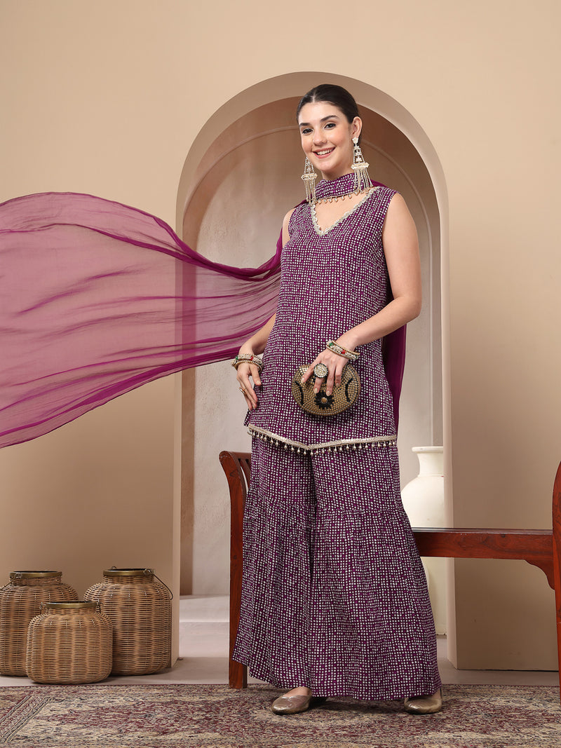 Stylum Women's Violet Bandhej Printed Rayon Asymmetric Short Kurti Sharara Dupatta Set (KSDVOILPINGLA)
