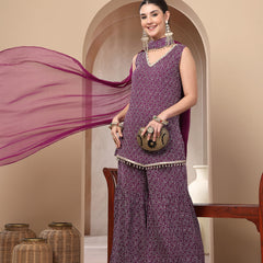 Stylum Women's Violet Bandhej Printed Rayon Asymmetric Short Kurti Sharara Dupatta Set (KSDVOILPINGLA)