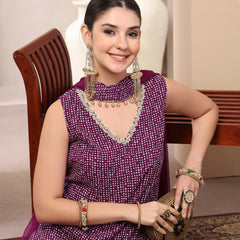 Stylum Women's Violet Bandhej Printed Rayon Asymmetric Short Kurti Sharara Dupatta Set (KSDVOILPINGLA)
