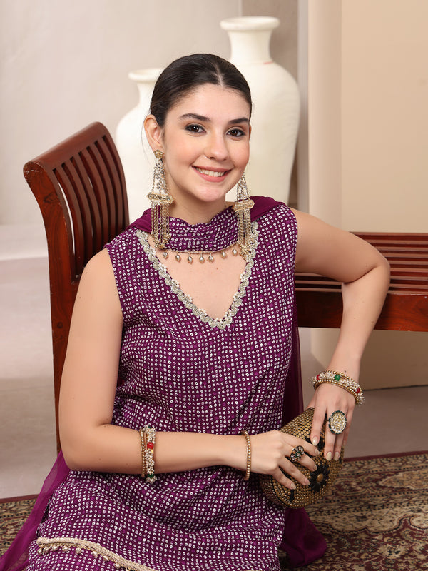 Stylum Women's Violet Bandhej Printed Rayon Asymmetric Short Kurti Sharara Dupatta Set (KSDVOILPINGLA)