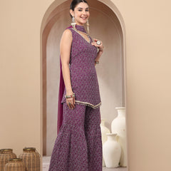 Stylum Women's Violet Bandhej Printed Rayon Asymmetric Short Kurti Sharara Dupatta Set (KSDVOILPINGLA)