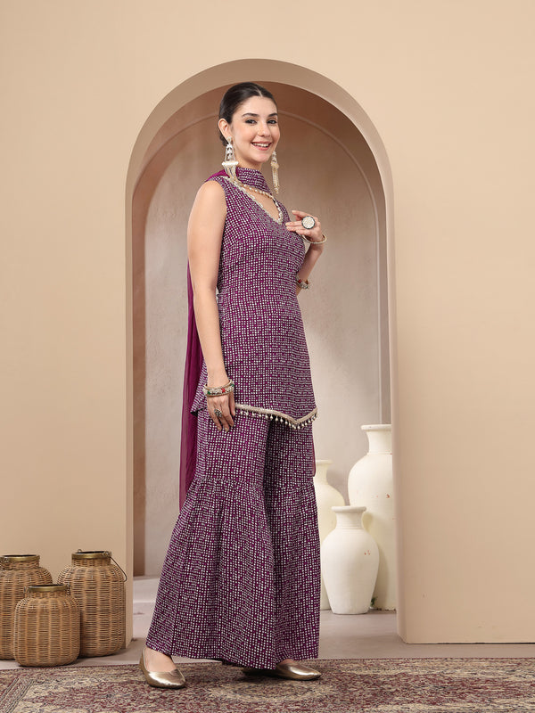 Stylum Women's Violet Bandhej Printed Rayon Asymmetric Short Kurti Sharara Dupatta Set (KSDVOILPINGLA)