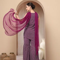Stylum Women's Violet Bandhej Printed Rayon Asymmetric Short Kurti Sharara Dupatta Set (KSDVOILPINGLA)