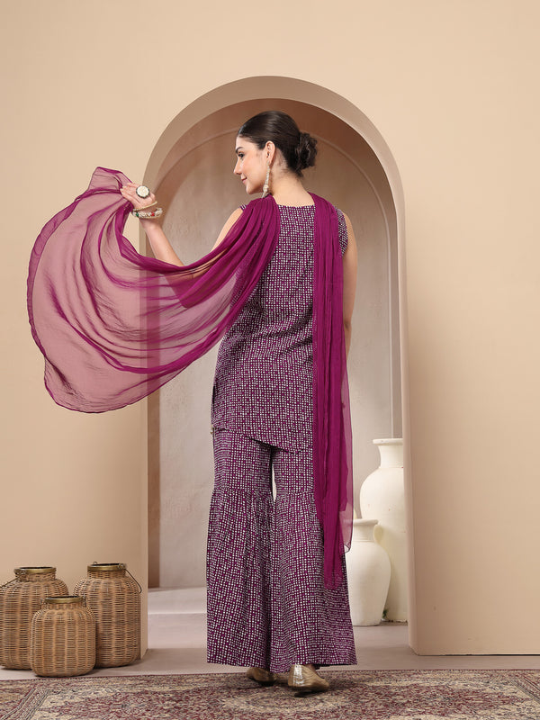 Stylum Women's Violet Bandhej Printed Rayon Asymmetric Short Kurti Sharara Dupatta Set (KSDVOILPINGLA)