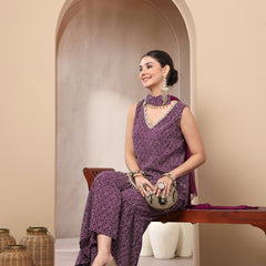 Stylum Women's Violet Bandhej Printed Rayon Asymmetric Short Kurti Sharara Dupatta Set (KSDVOILPINGLA)