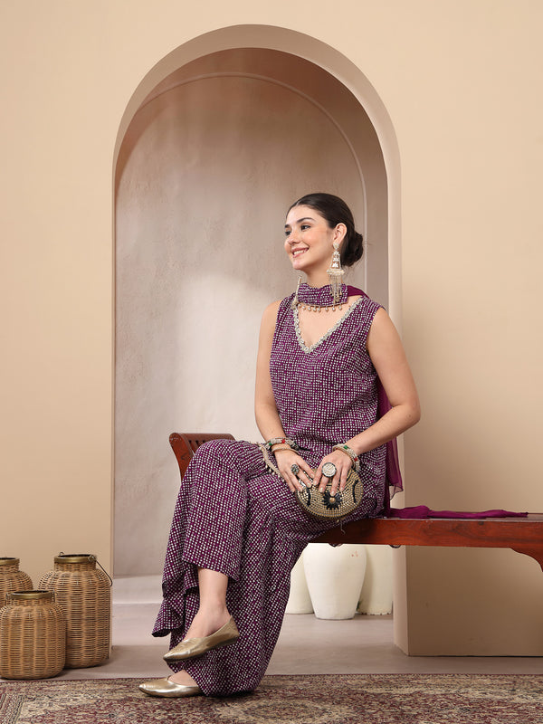 Stylum Women's Violet Bandhej Printed Rayon Asymmetric Short Kurti Sharara Dupatta Set (KSDVOILPINGLA)