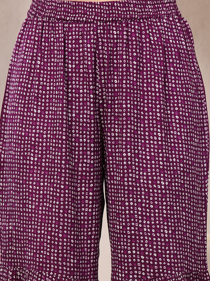 Stylum Women's Violet Bandhej Printed Rayon Asymmetric Short Kurti Sharara Dupatta Set (KSDVOILPINGLA)