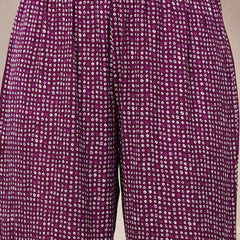Stylum Women's Violet Bandhej Printed Rayon Asymmetric Short Kurti Sharara Dupatta Set (KSDVOILPINGLA)