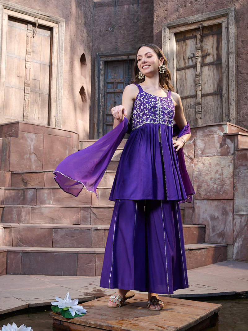 Stylum Women's Violet Solid & Embroidered Rayon Short Kurti Sharara Dupatta Set (KSDVOILSOLO)