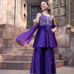 Stylum Women's Violet Solid & Embroidered Rayon Short Kurti Sharara Dupatta Set (KSDVOILSOLO)