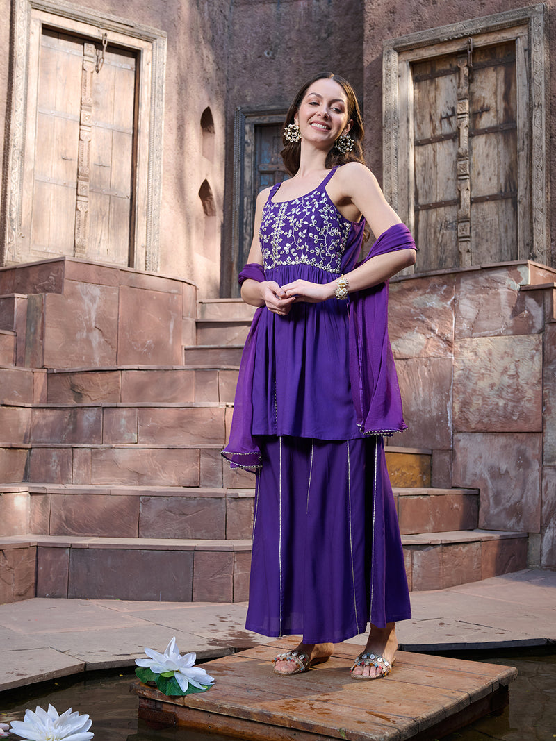 Stylum violet rayon sharara set for women — best sharara set for women in India (kurta with mirror-work yoke, flared sharara, chiffon dupatta)