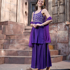 Stylum Women's Violet Solid & Embroidered Rayon Short Kurti Sharara Dupatta Set (KSDVOILSOLO)