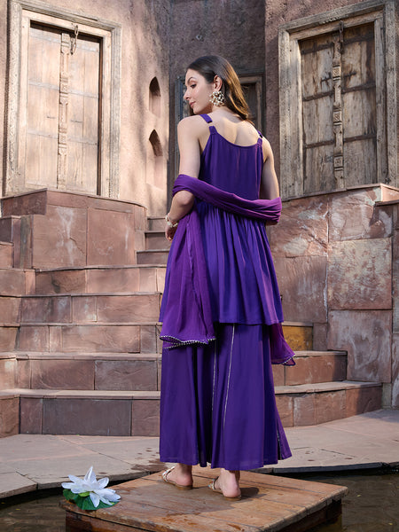 Stylum Women's Violet Solid & Embroidered Rayon Short Kurti Sharara Dupatta Set (KSDVOILSOLO)
